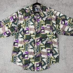 Vintage 90s Abstract Silk Shirt Large Geometric Print Festival Indie Sleaze